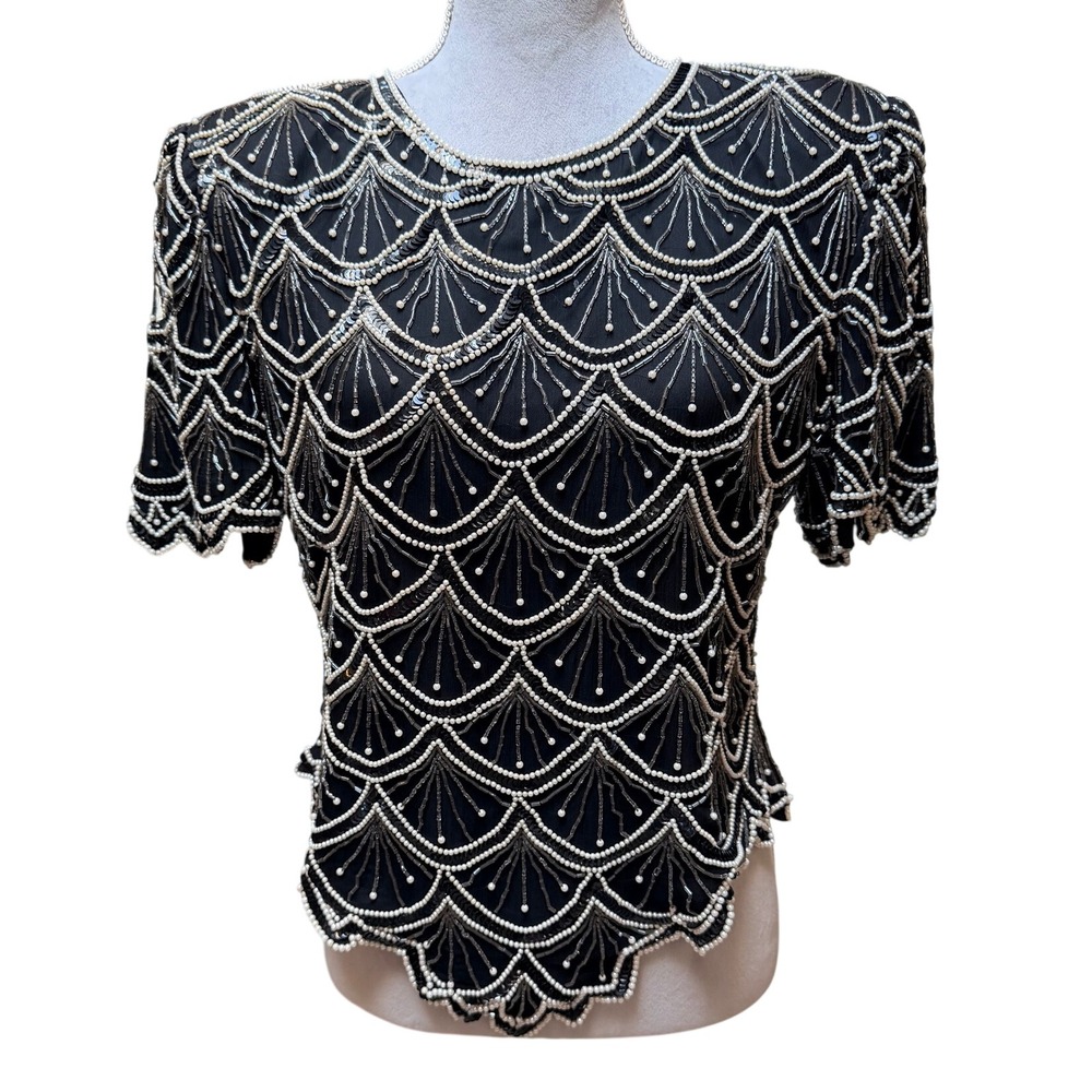Vtg 80s Laurence Kazar Silk Beaded Top Black Pearl Sequin XL Short Art Deco